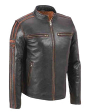 Men's Brown Stripe Café Racer Leather Jacket