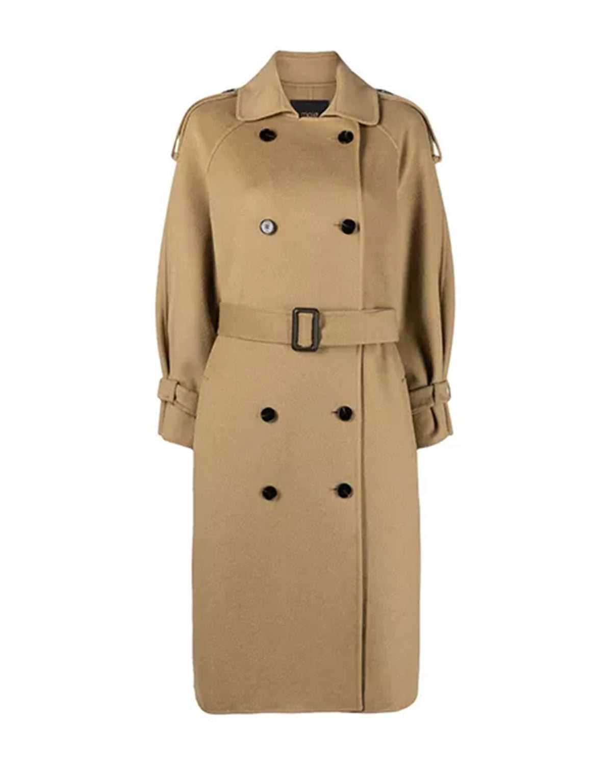 Womens Beige Double Breasted Wool Trench Coat