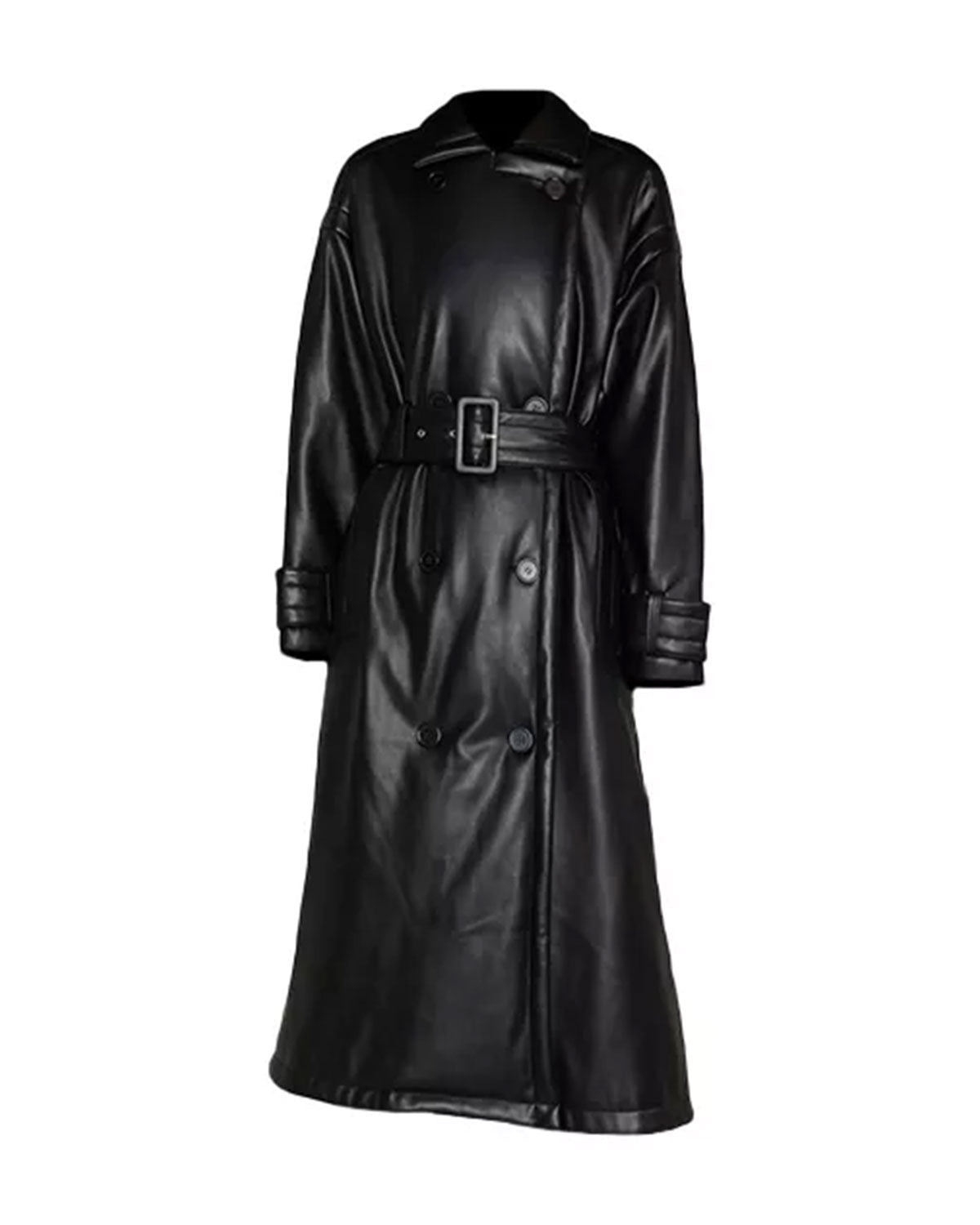 Womens Black Leather Trench Coat Double Breasted