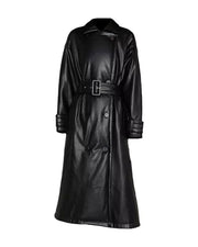 Womens Black Leather Trench Coat Double Breasted