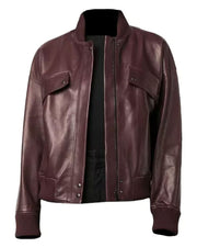 Womens Maroon Leather Bomber Jacket