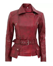 Women’s Maroon Belted Moto Leather Jacket