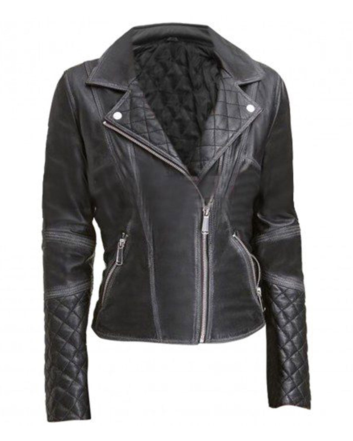 Womens Black Leather Biker Jacket Quilted and Slim Fit
