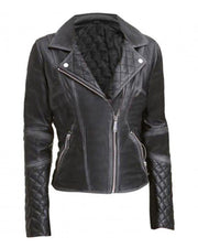 Womens Black Leather Biker Jacket Quilted and Slim Fit