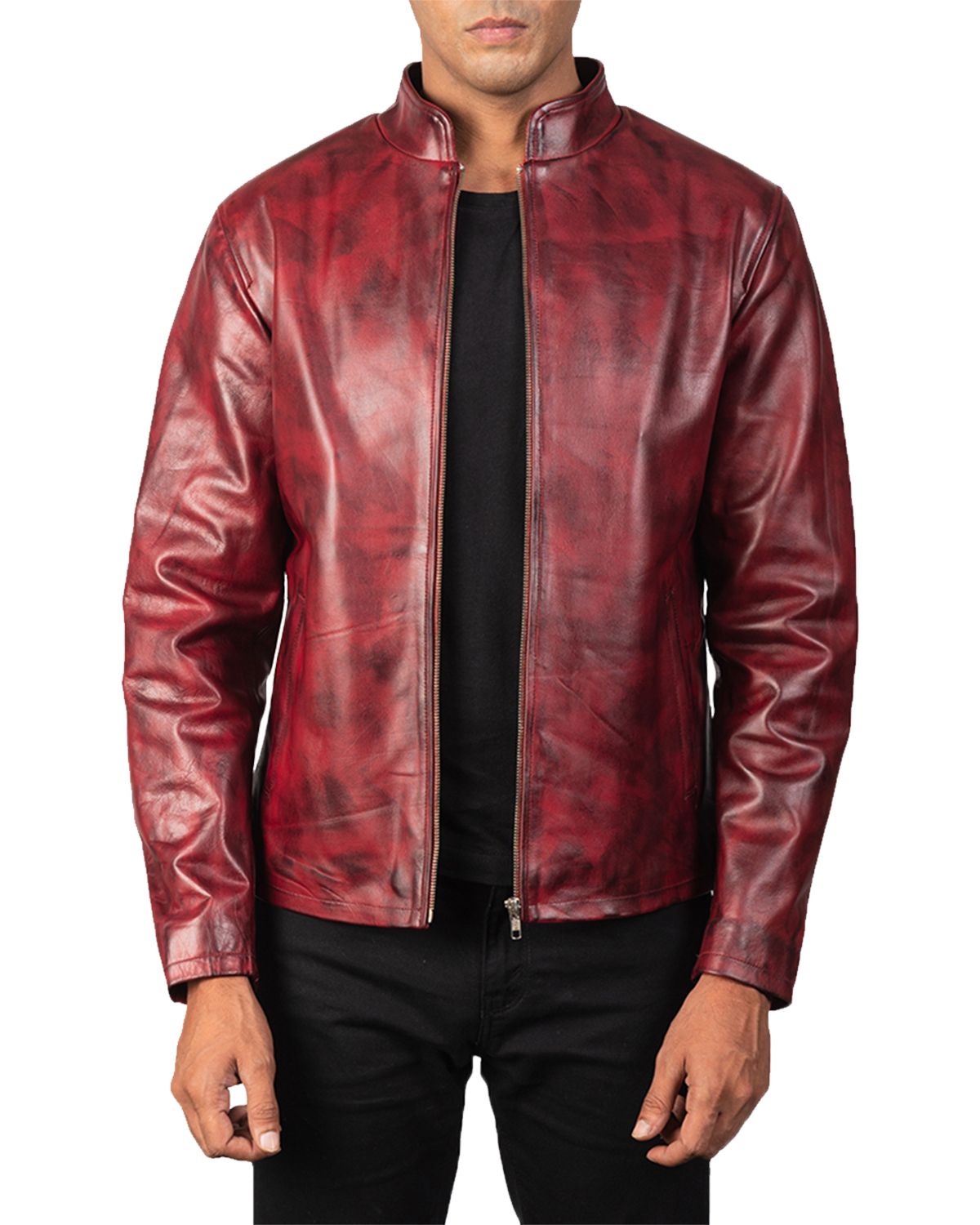 Mens Distressed Burgundy Biker Leather Jacket