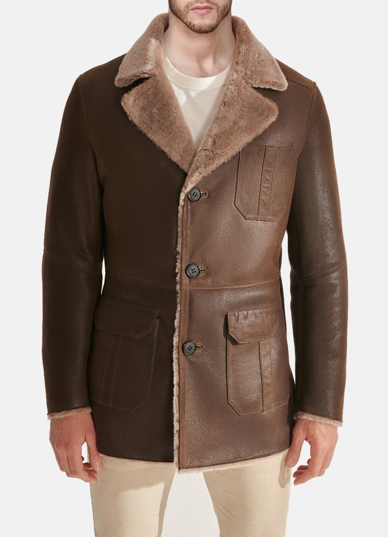 Mens Luxurious Brown Shearling Leather Coat