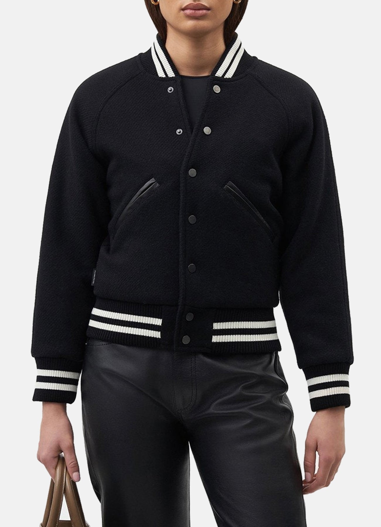 Womens Deep Black Wool Varsity Jacket
