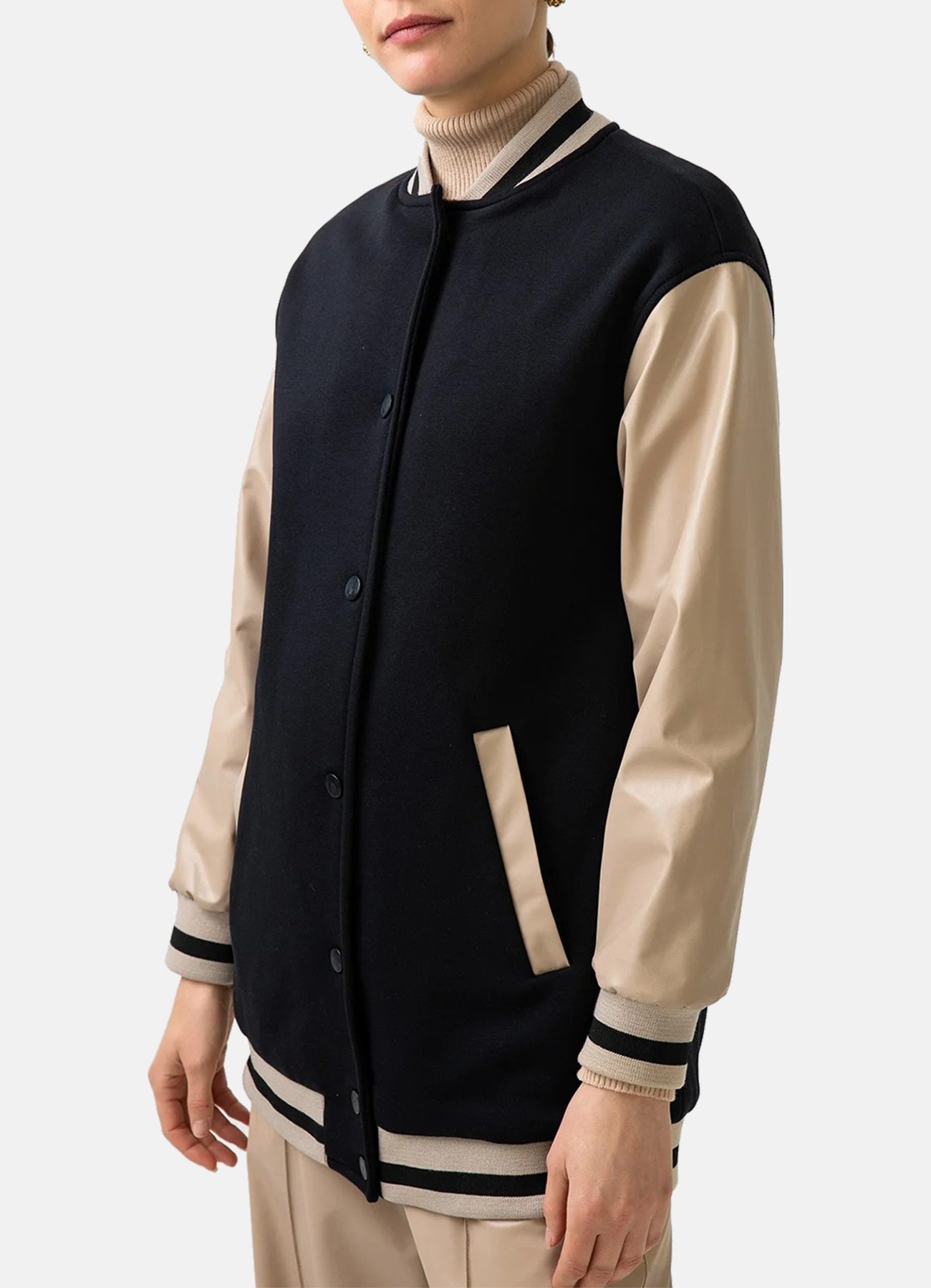 Womens Black and Beige Varsity Jacket