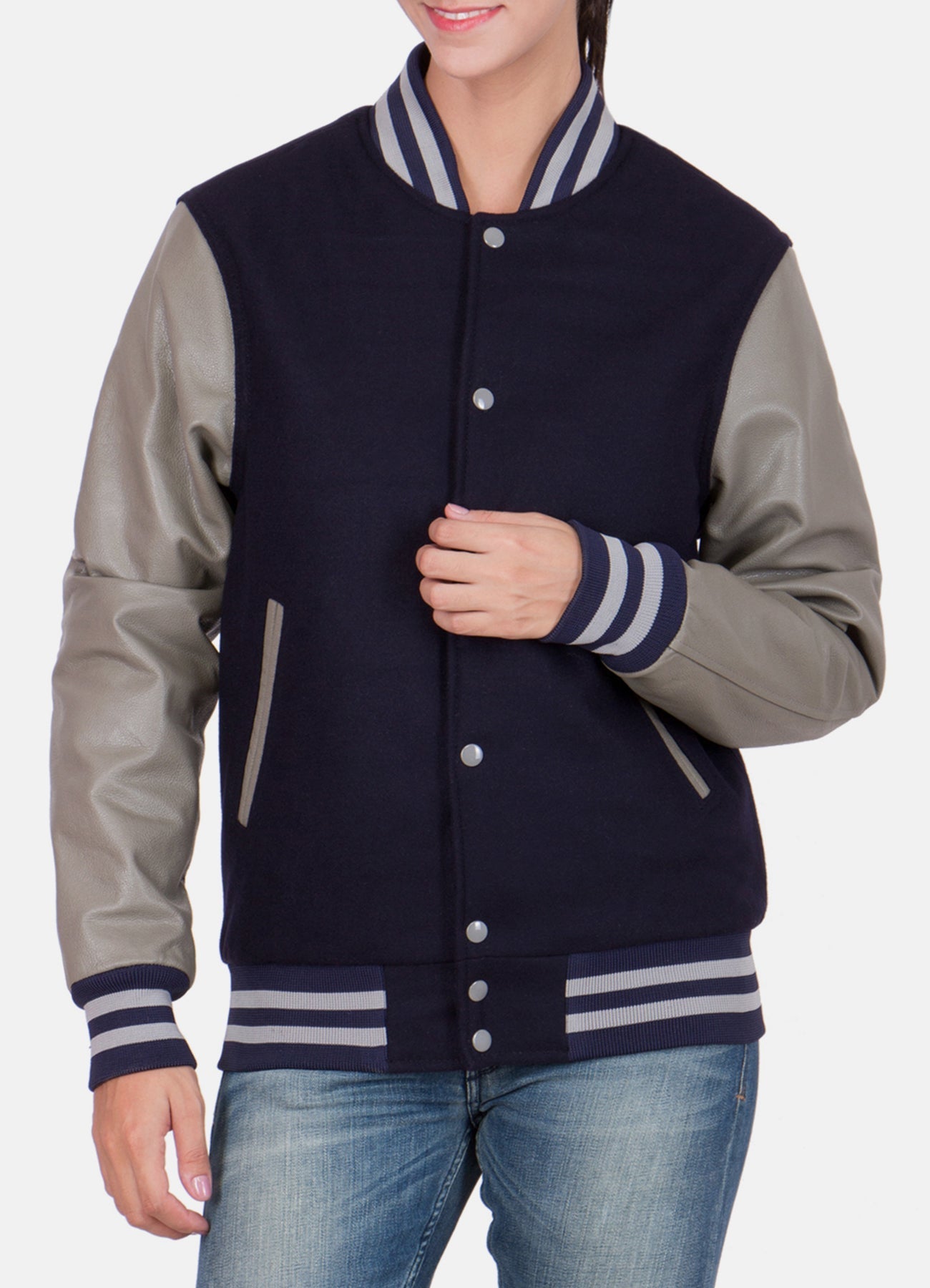 Womens Dark Blue and Grey Varsity Jacket