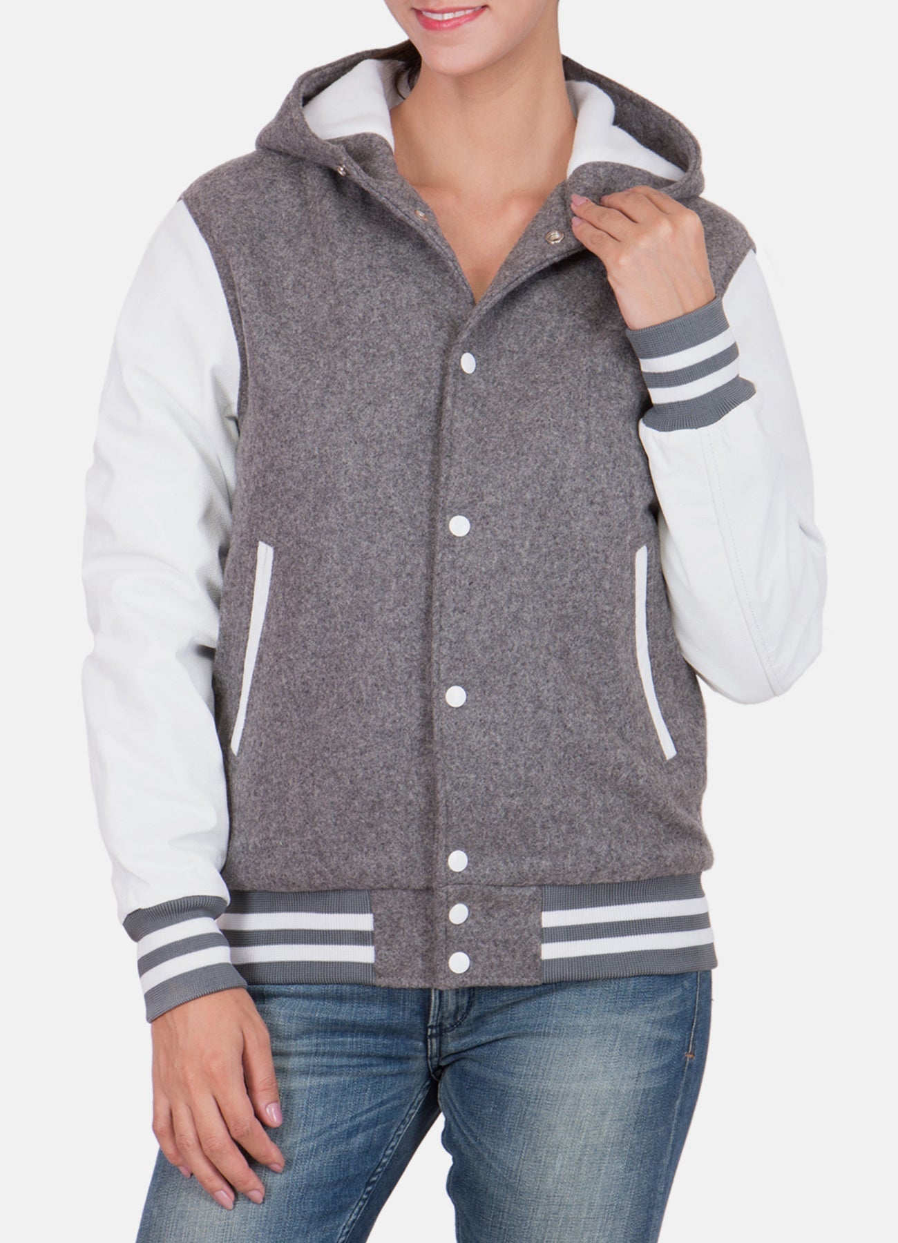 Womens Grey and White Hooded Varsity Jacket