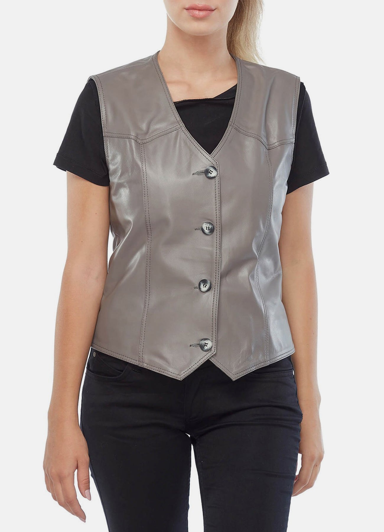 Womens Solid Grey Biker Leather Vest