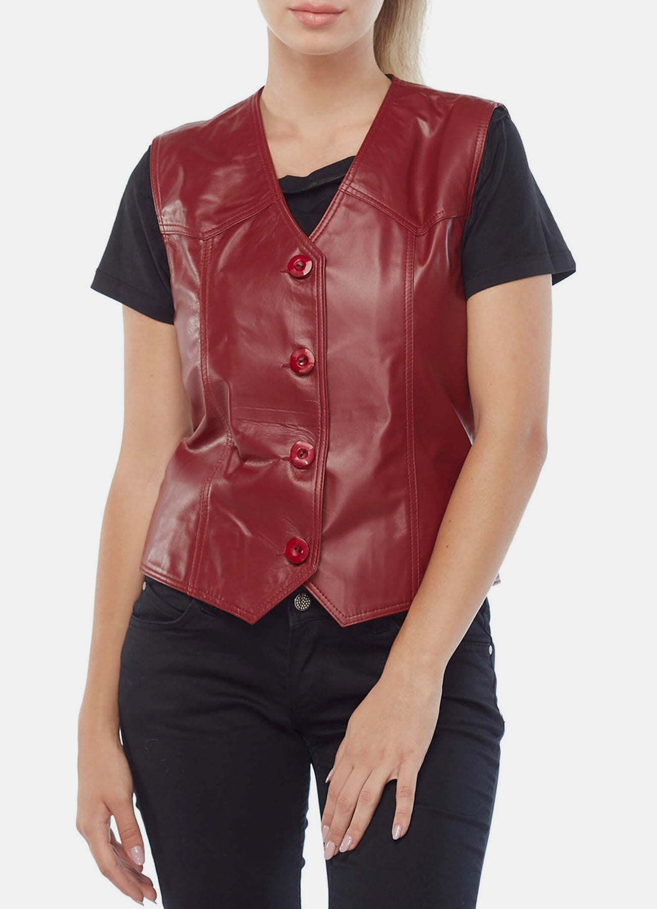 Womens Bright Red Biker Leather Vest
