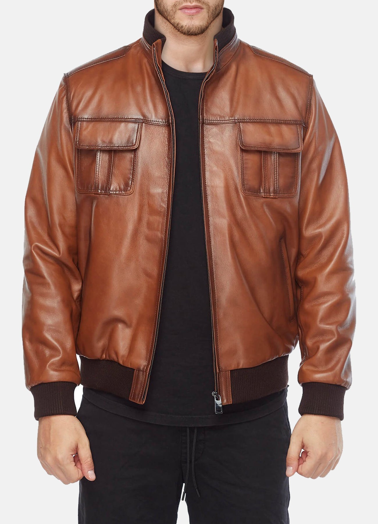 Mens Tan Classic Bomber Leather Jacket