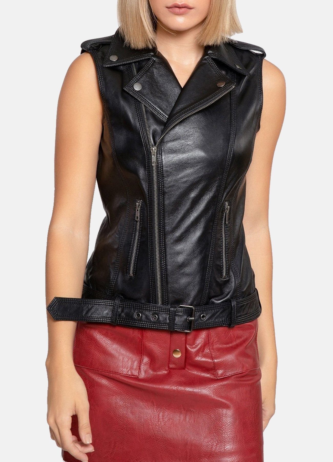 Womens Shiny Black Biker Leather Vest