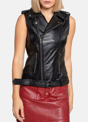 Womens Shiny Black Biker Leather Vest