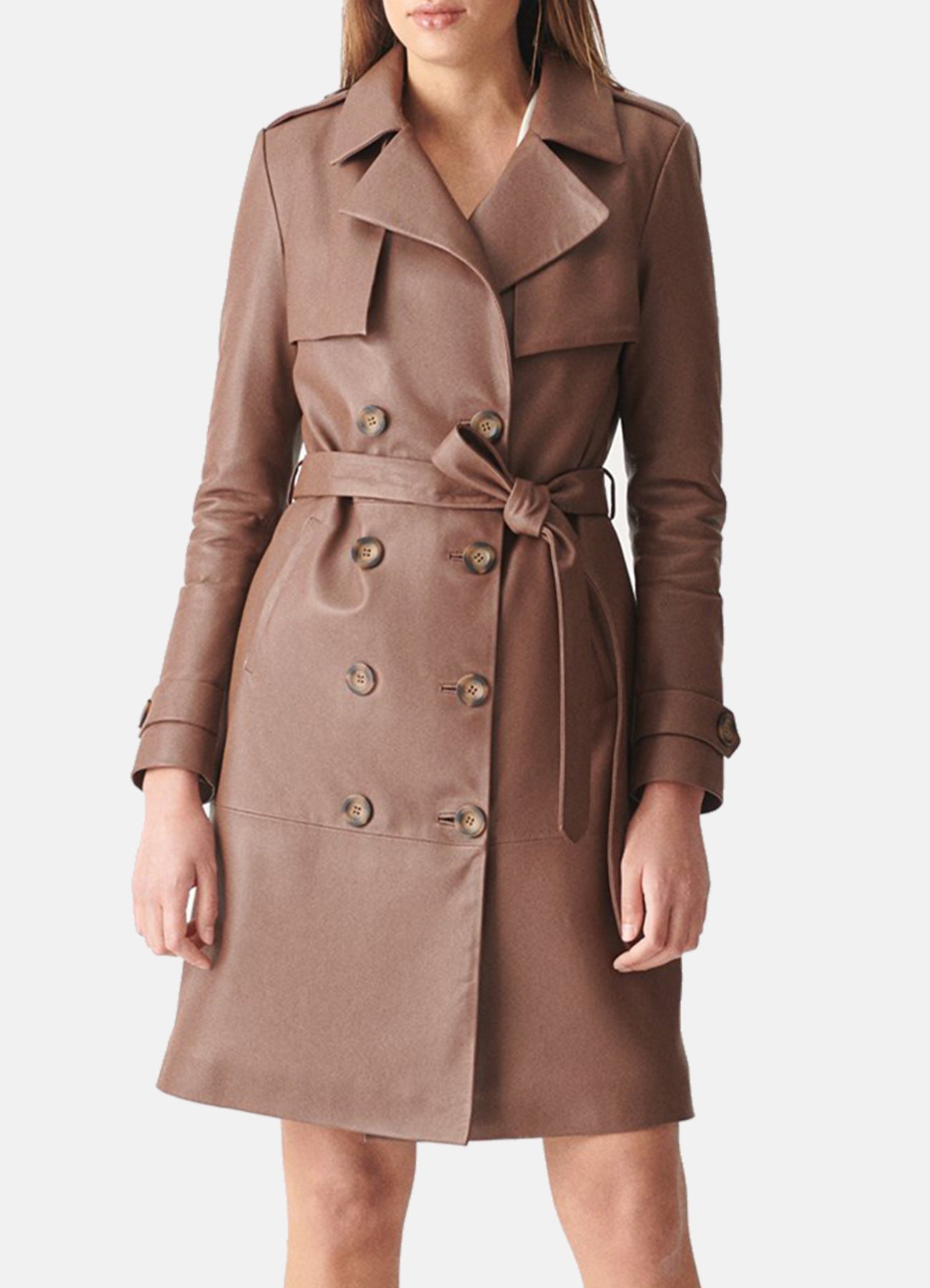 Womens Modern Brown Trench Leather Coat