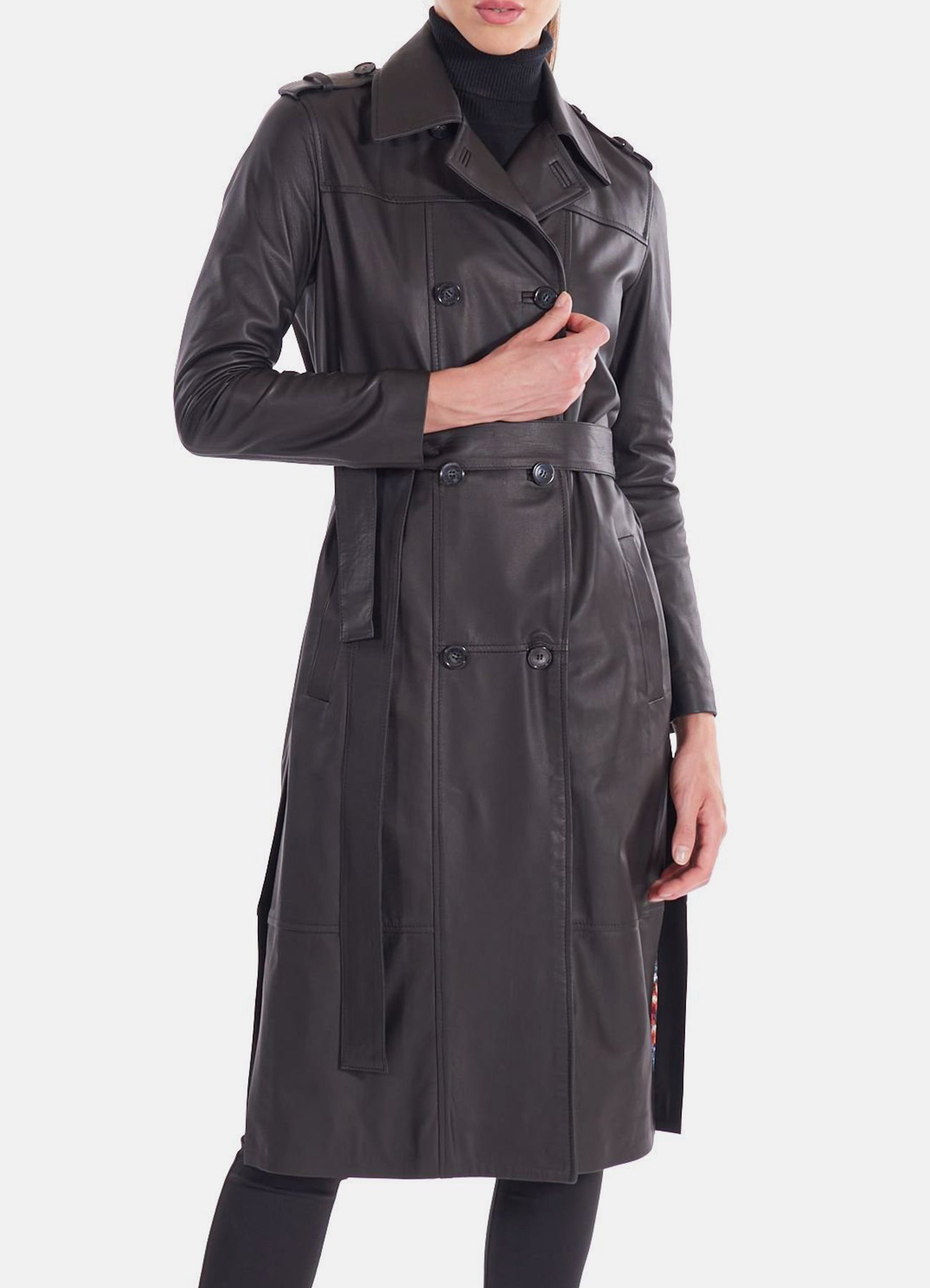 Womens Midnight Black Long Leather Coat