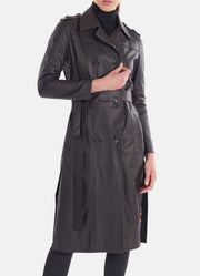 Womens Midnight Black Long Leather Coat