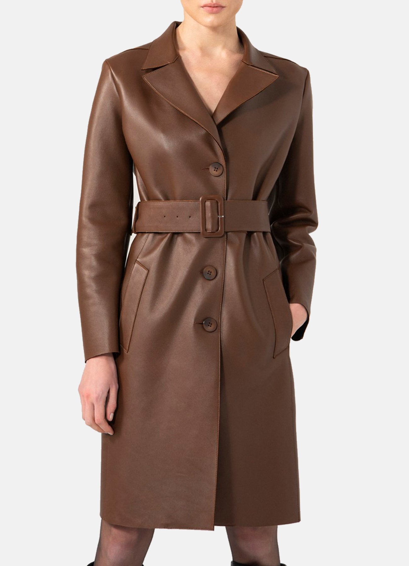 Womens Choco Brown Trench Leather Coat
