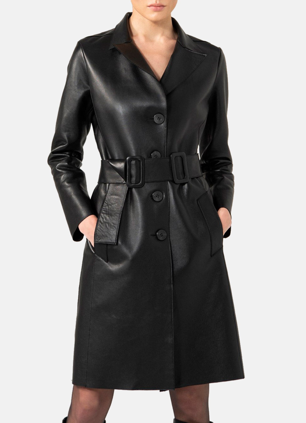 Womens Smooth Black Trench Leather Coat