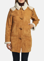 Womens Tan Shearling Leather Coat