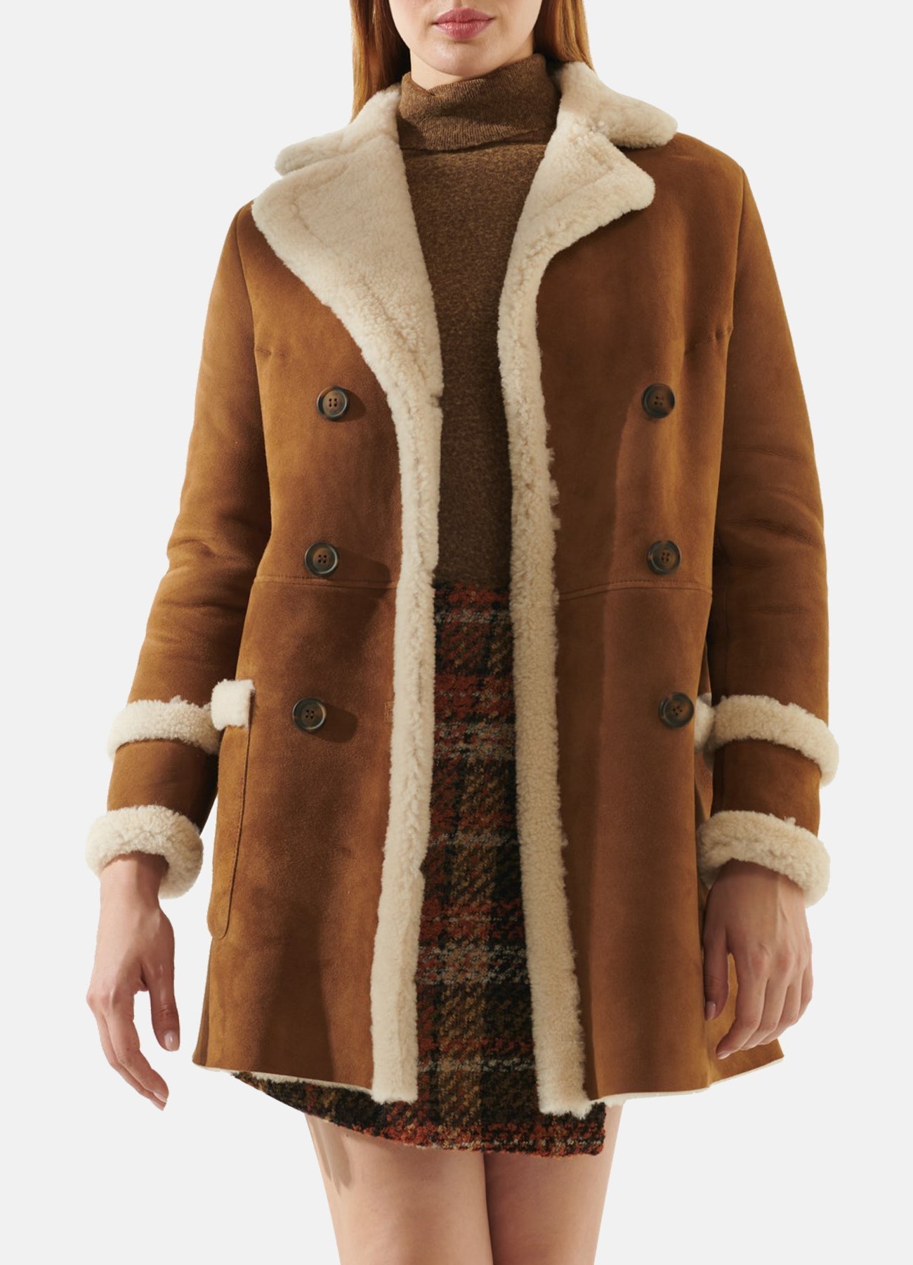 Womens Casual Tan Shearling Leather Coat