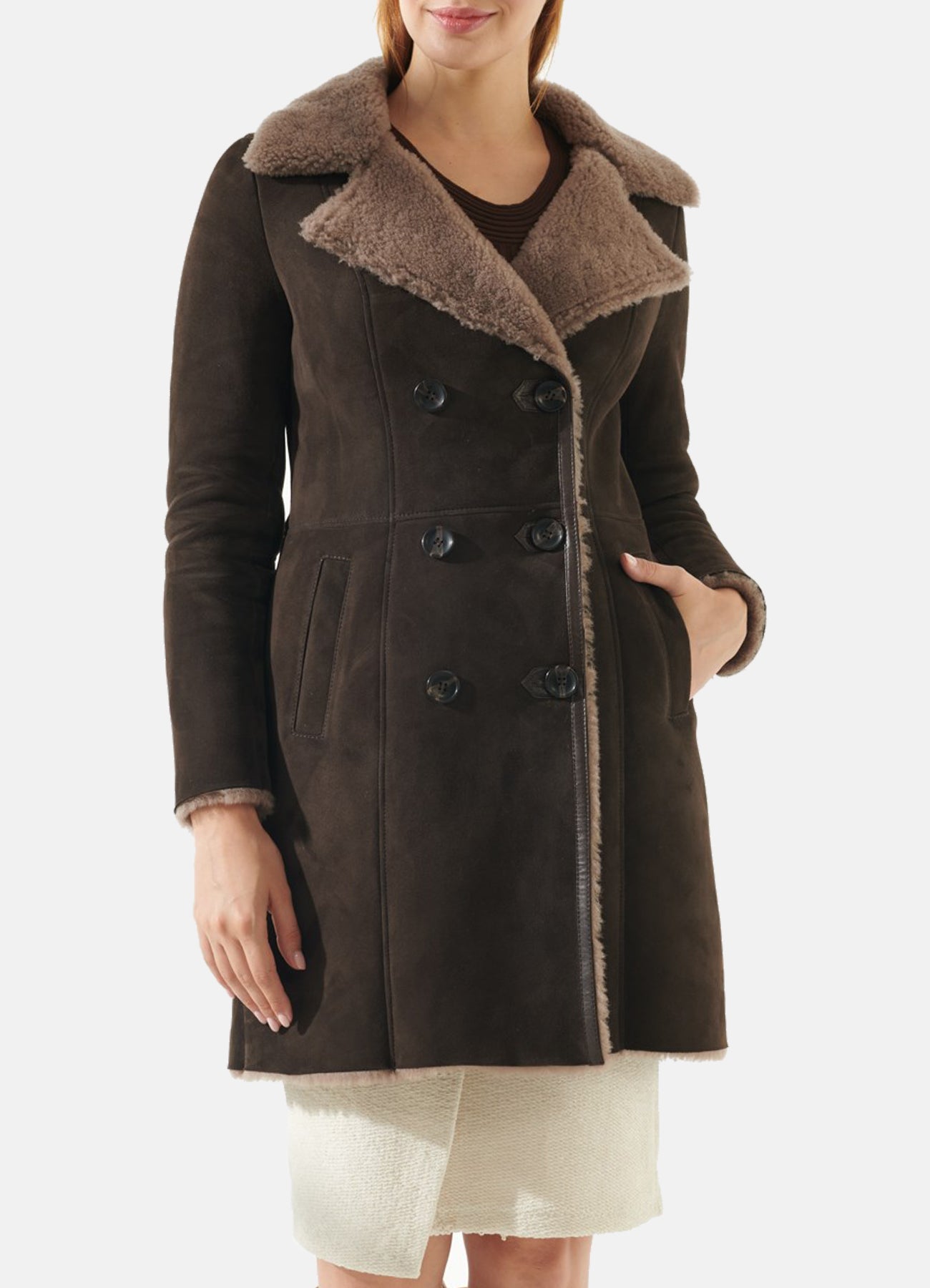 Womens Dark Brown Shearling Leather Coat