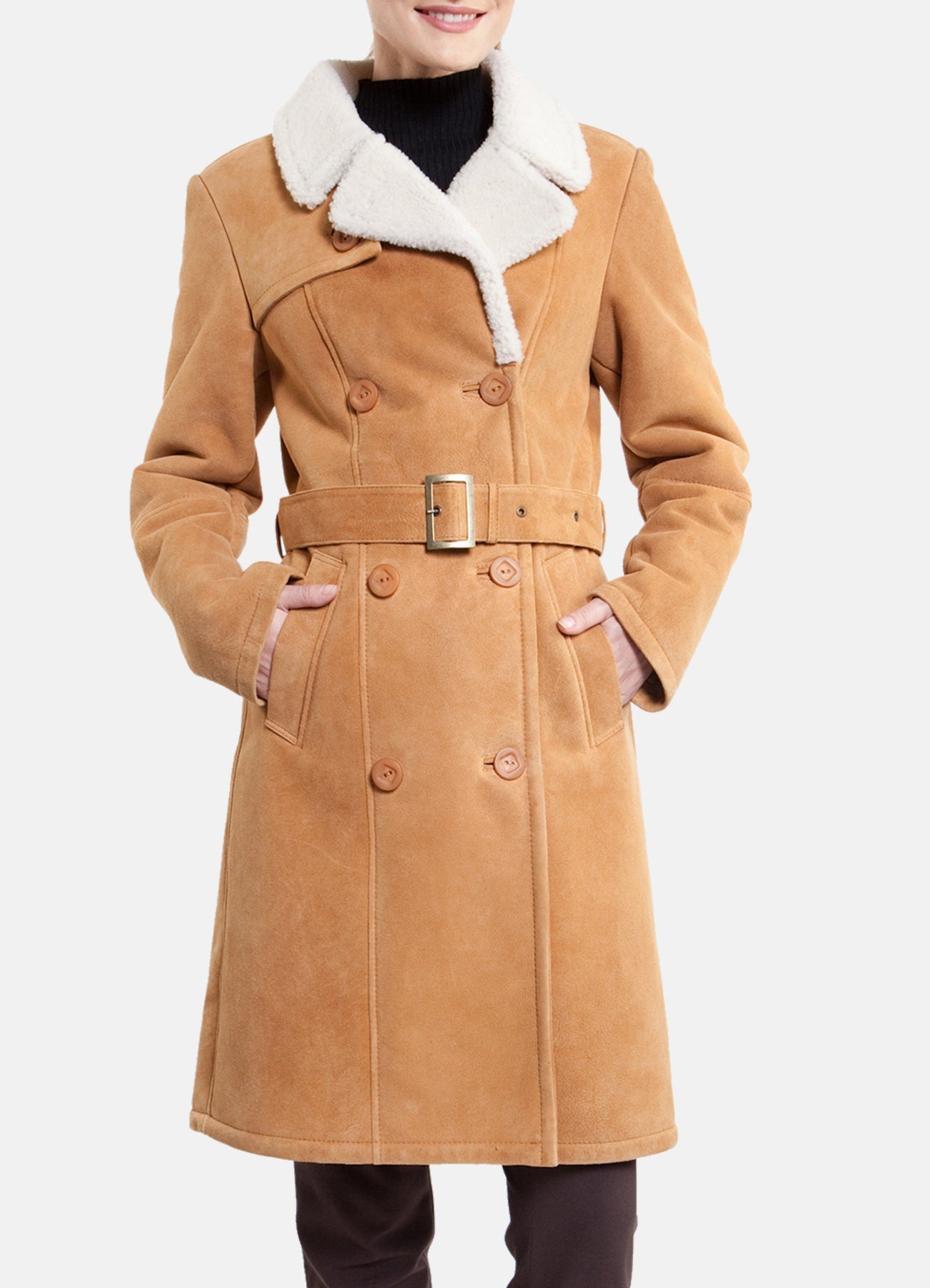 Womens Bright Tan Shearling Leather Coat