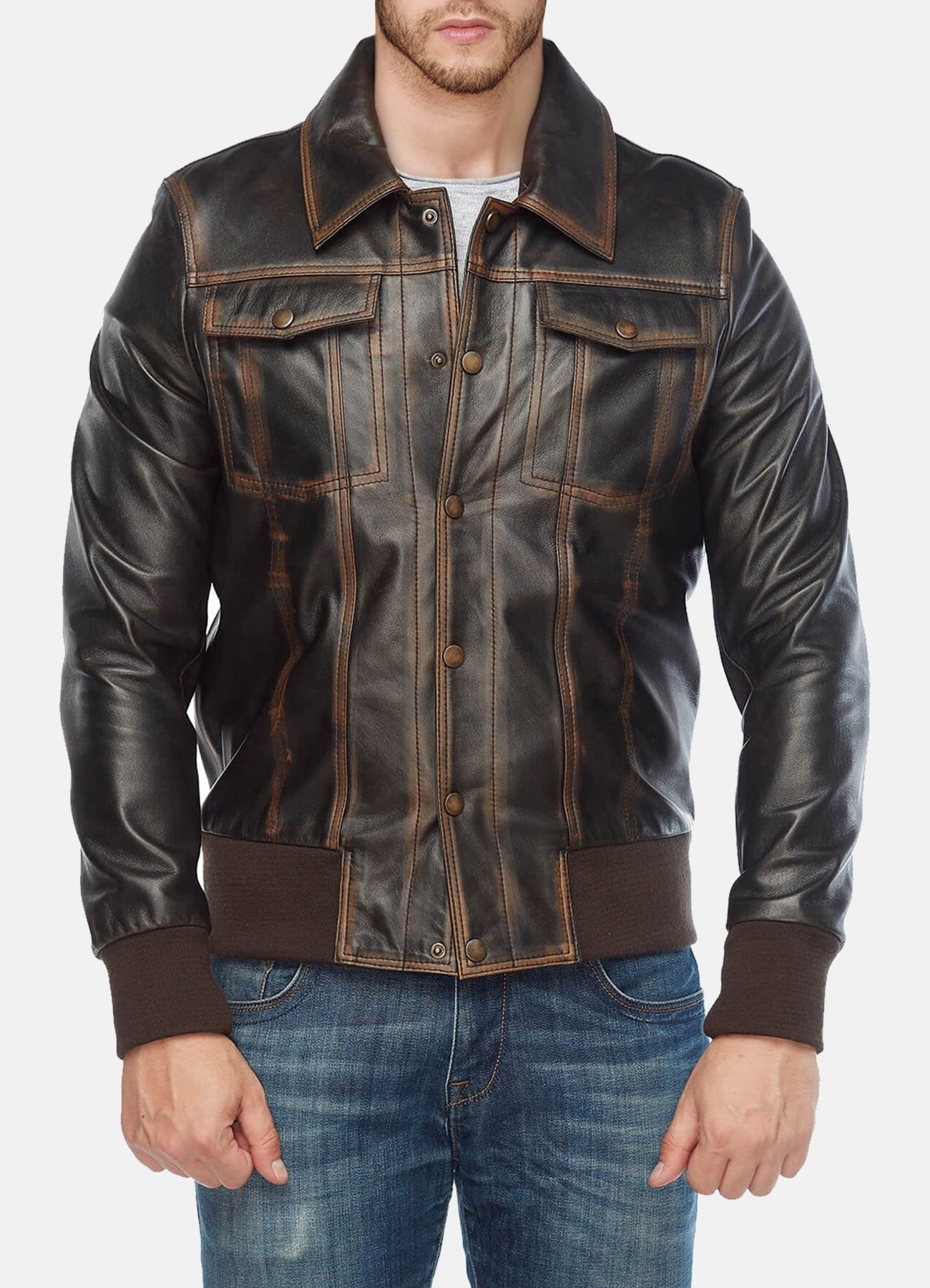Mens Real Distressed Leather Bomber Jacket