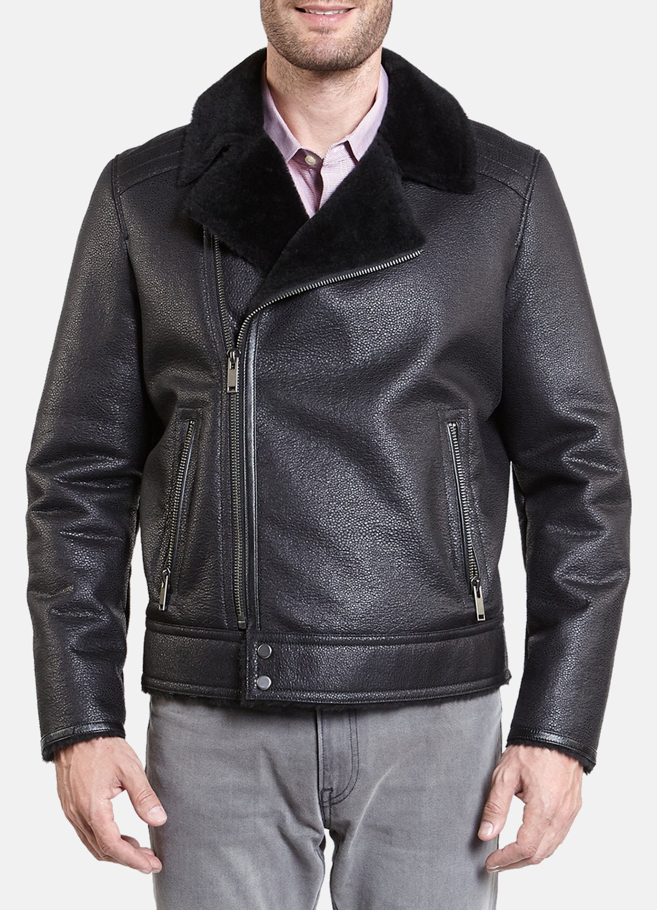 Mens Shiny Black Shearling Leather Jacket
