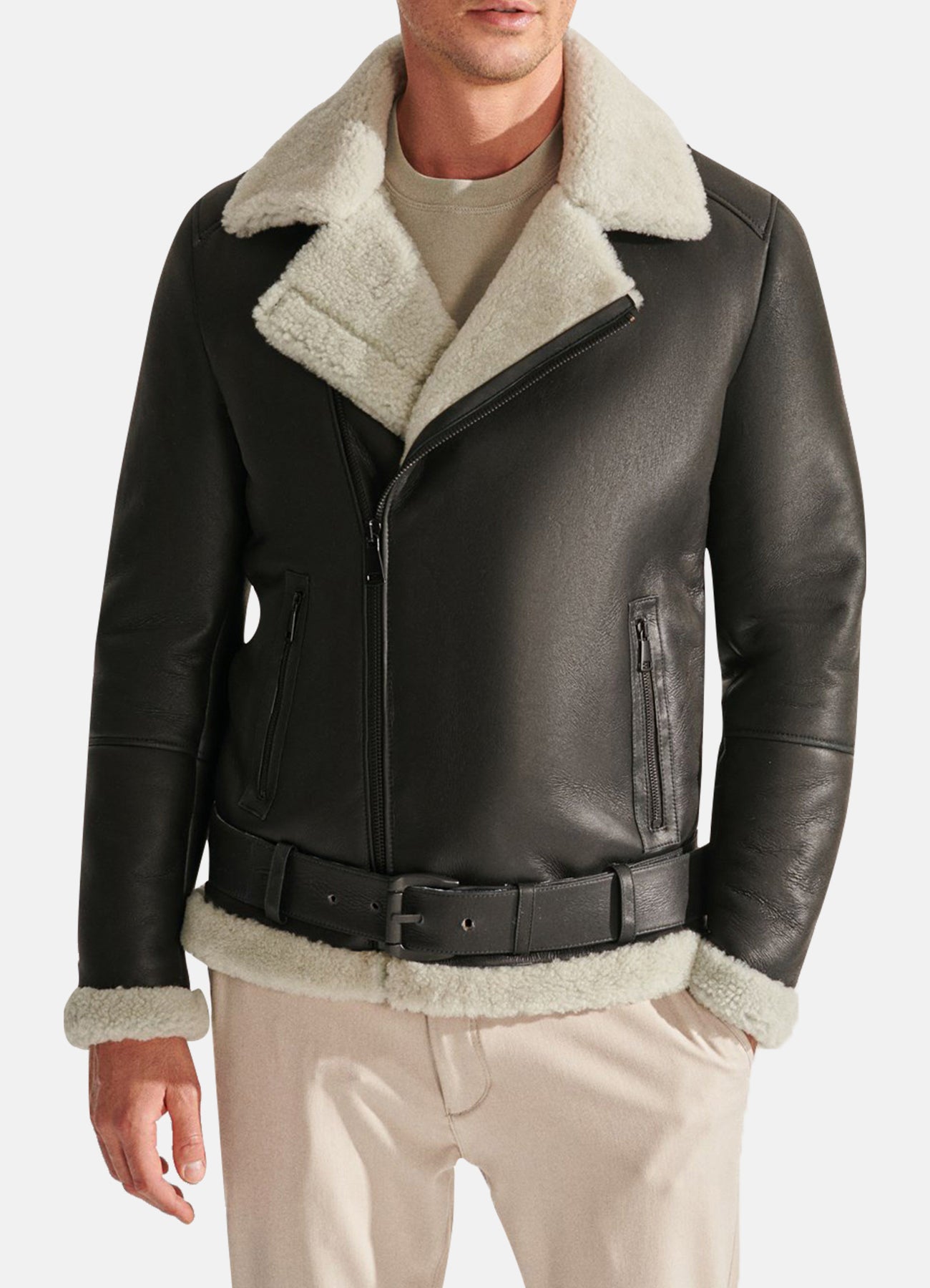 Mens Coal Black Shearling Leather Jacket