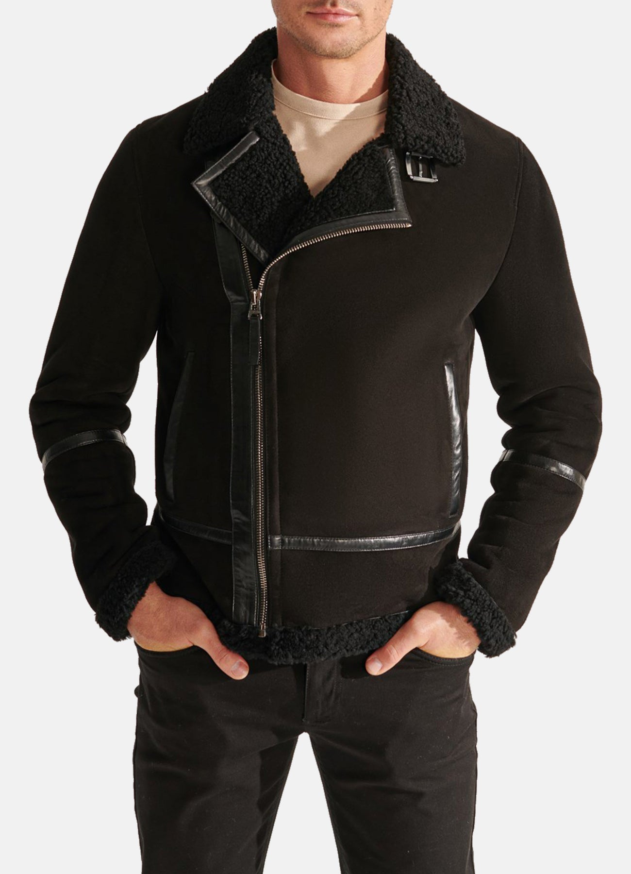 Mens Midnight Black Suede Shearling Leather Jacket