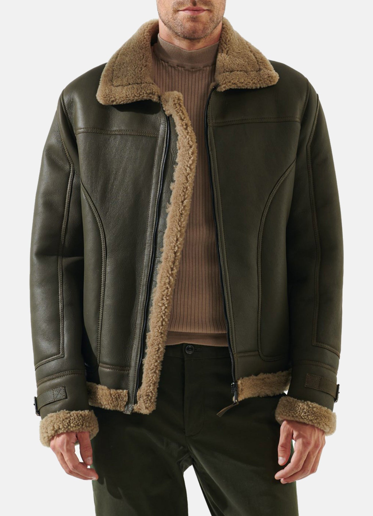 Mens Moss Green Shearling Leather Jacket
