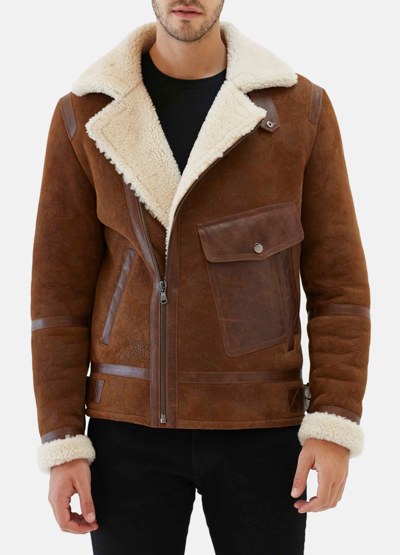 Mens Aviator Brown and White Shearling Leather Jacket