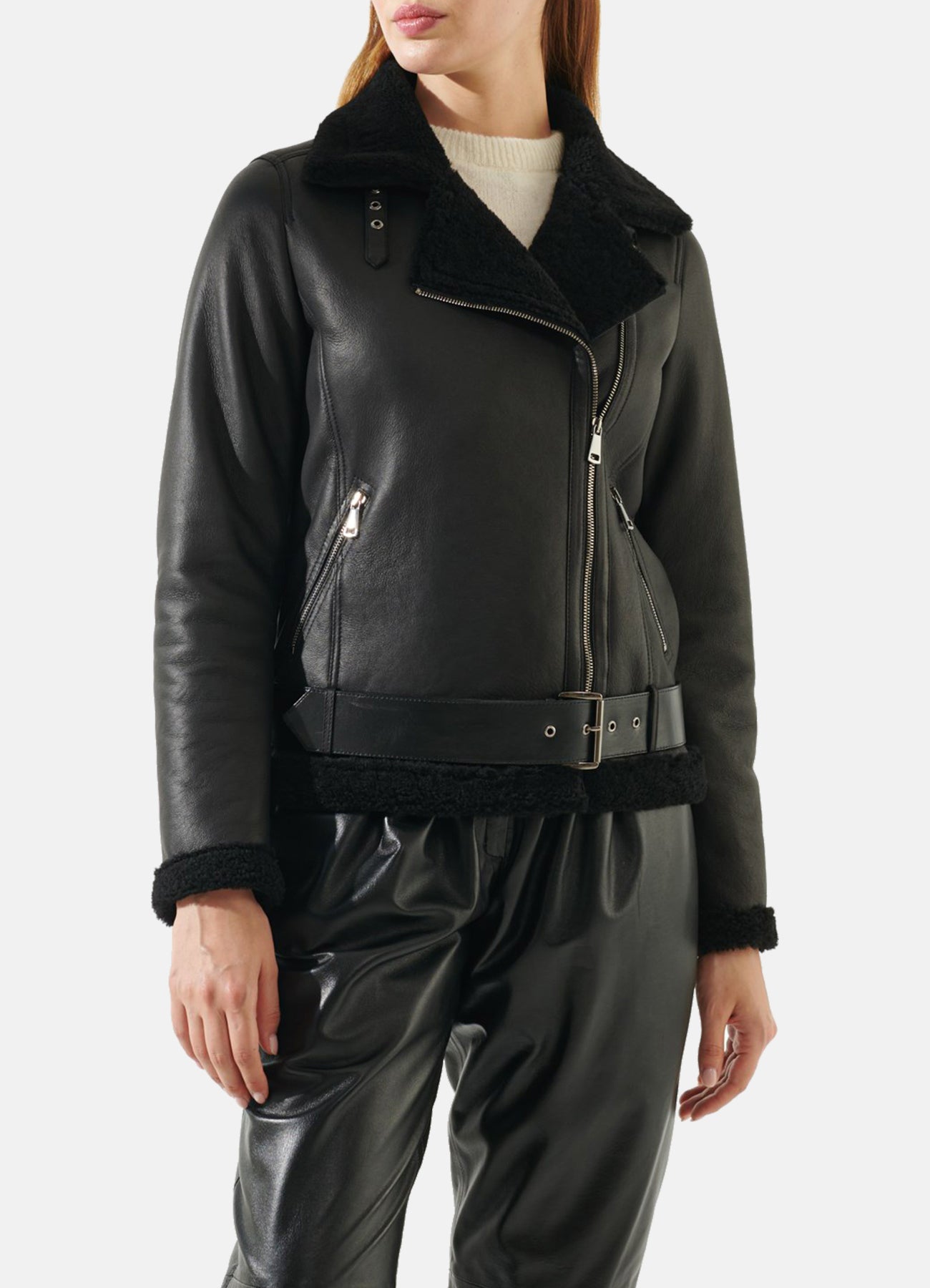 Womens Casual Black Shearling Leather Jacket