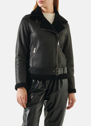 Womens Casual Black Shearling Leather Jacket