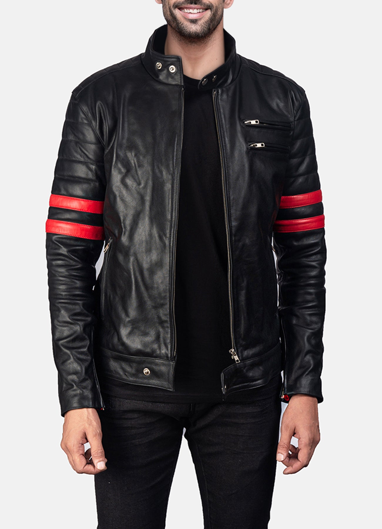 Mens Perfecto Black & Red Biker Leather Jacket