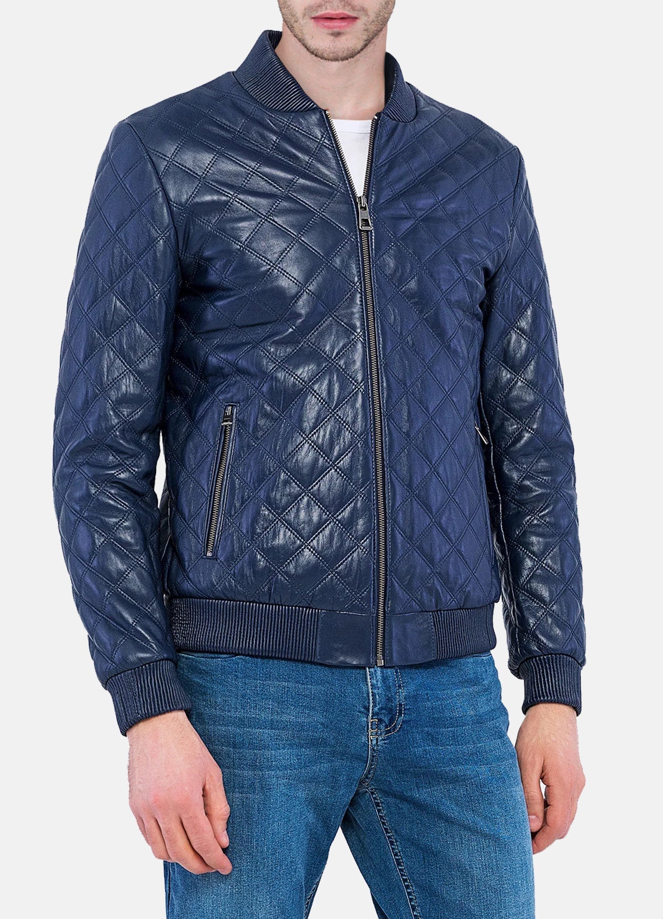 Mens Blue Quilted Leather Bomber Jacket