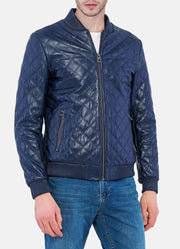 Mens Blue Quilted Leather Bomber Jacket