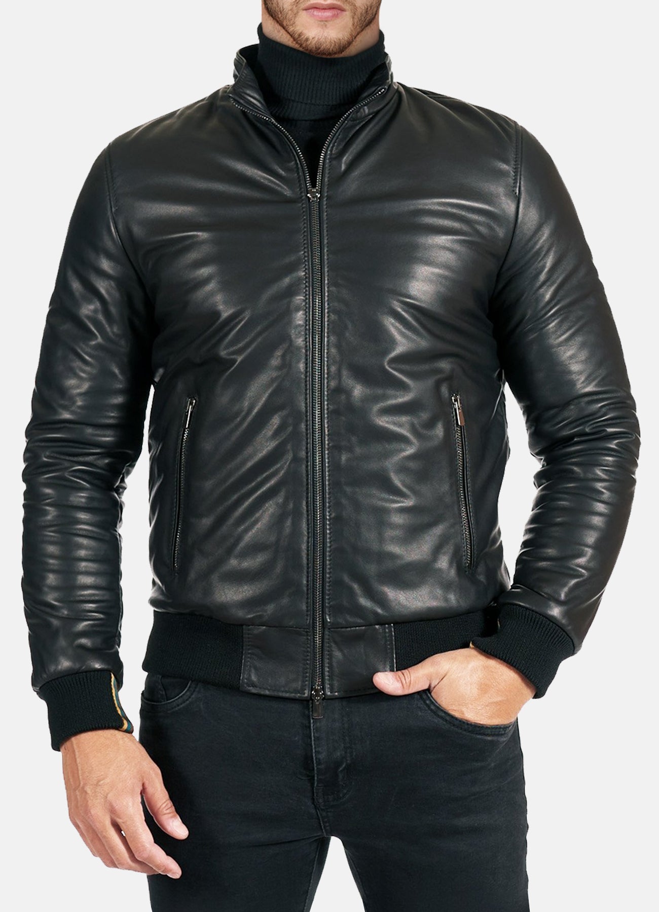 Mens Black Smooth Leather Bomber Jacket