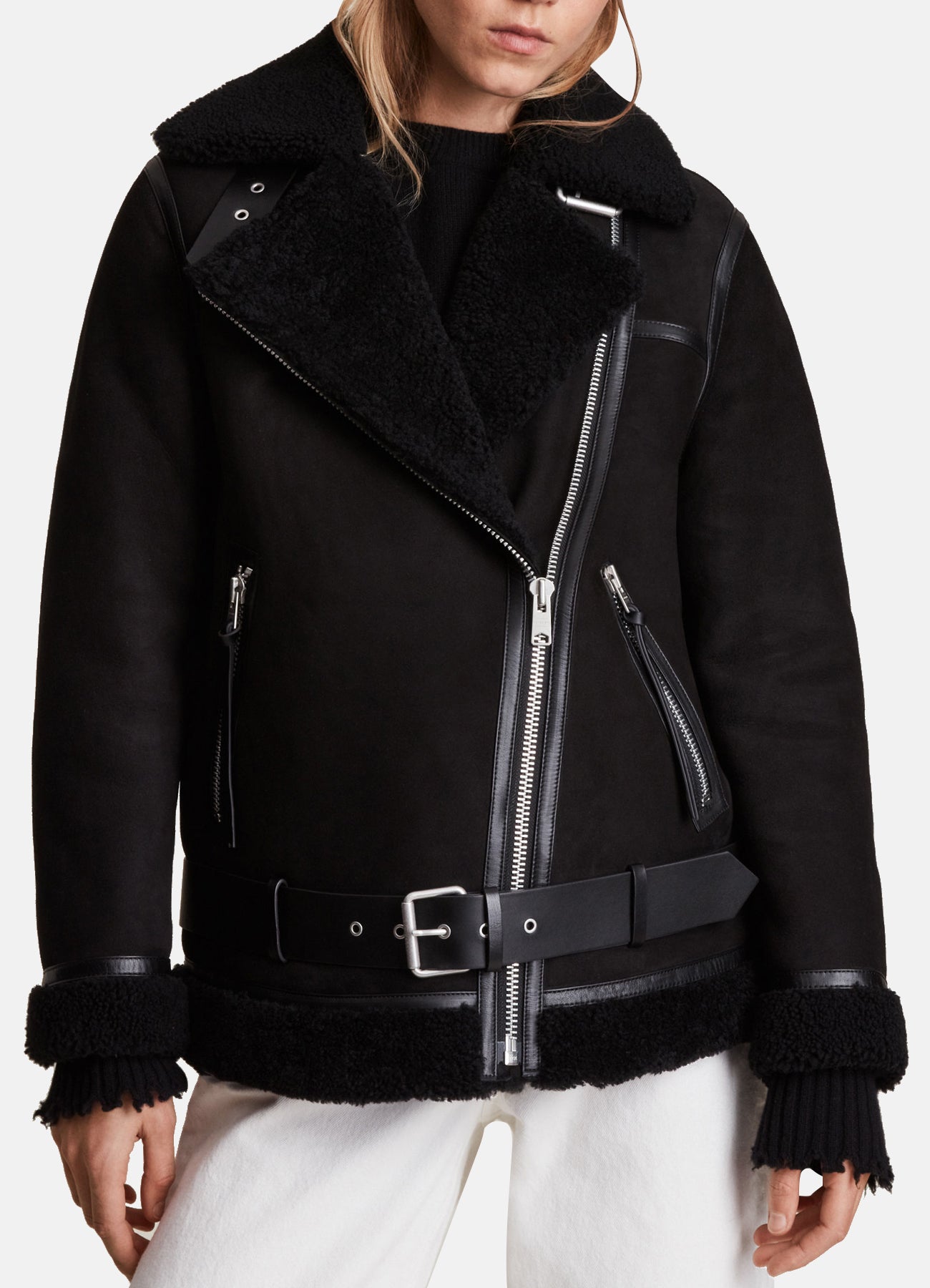 Womens Matt Black Shearling Leather Jacket