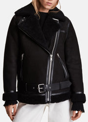 Womens Matt Black Shearling Leather Jacket