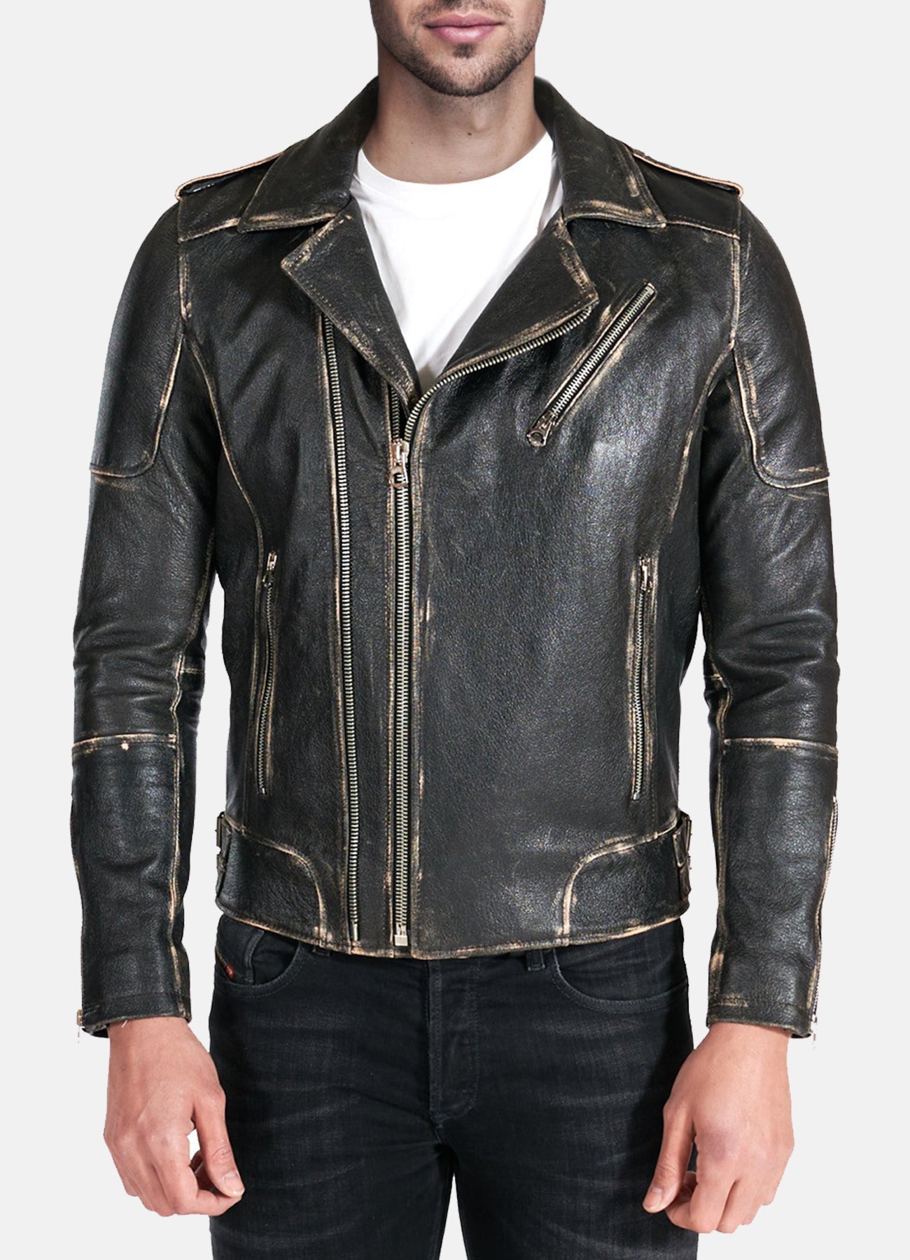 Mens Distressed Black Biker Leather Jacket