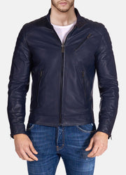 Mens Padded Shoulder Blue Biker Leather Jacket