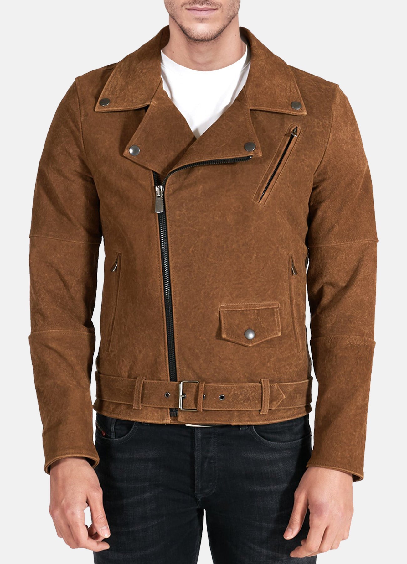 Mens Camel Brown Suede Leather Jacket