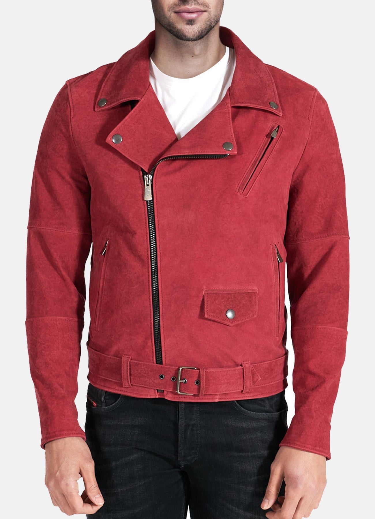 Mens Bright Red Suede Leather Jacket