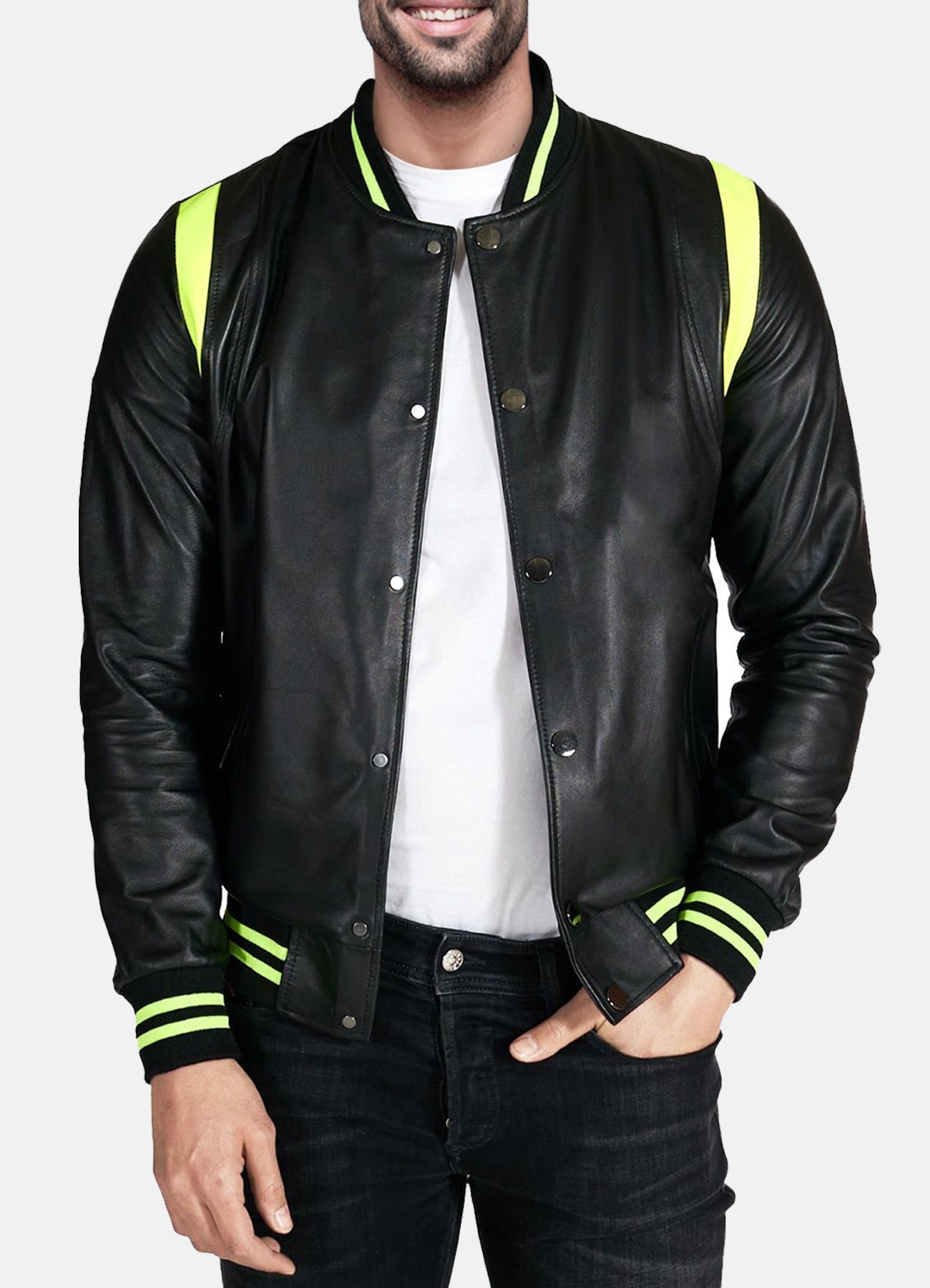 Mens Neon and Black Varsity Leather Jacket