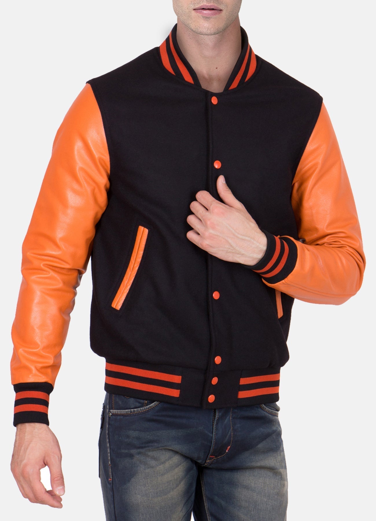 Mens Black and Orange Varsity Jacket