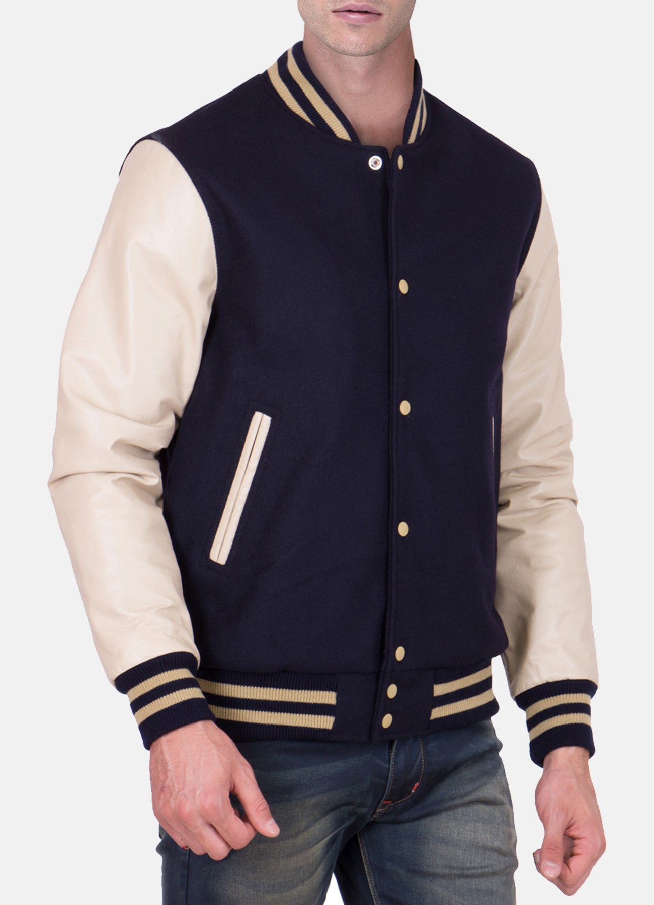 Mens Black and Beige Varsity Jacket