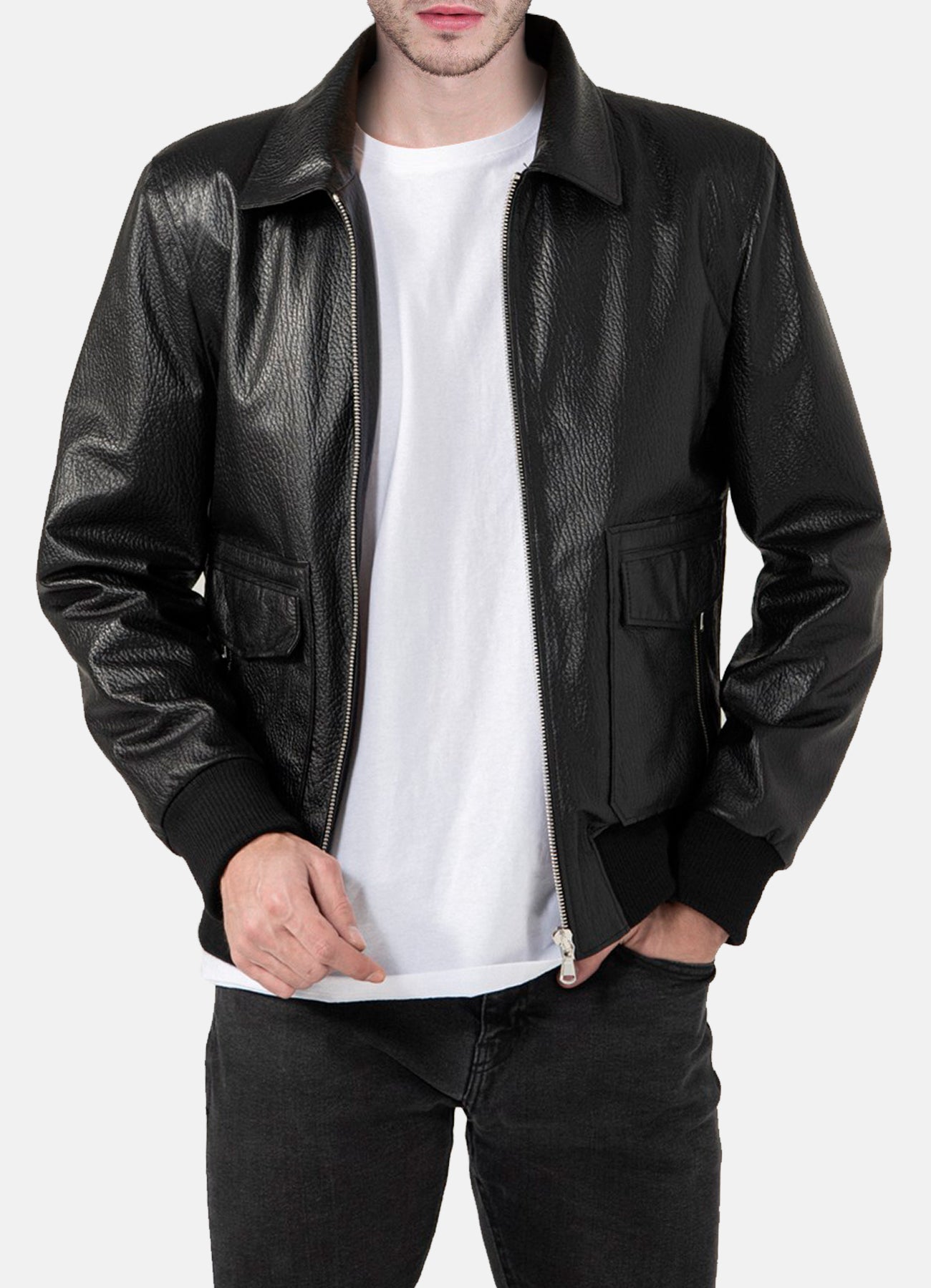 Mens Patterned Black Leather Jacket